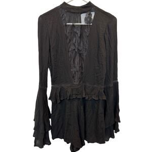 Clair De Lune Long Ruffle Sleeve Lace Front High Neck Romper Black Goth Witchy S